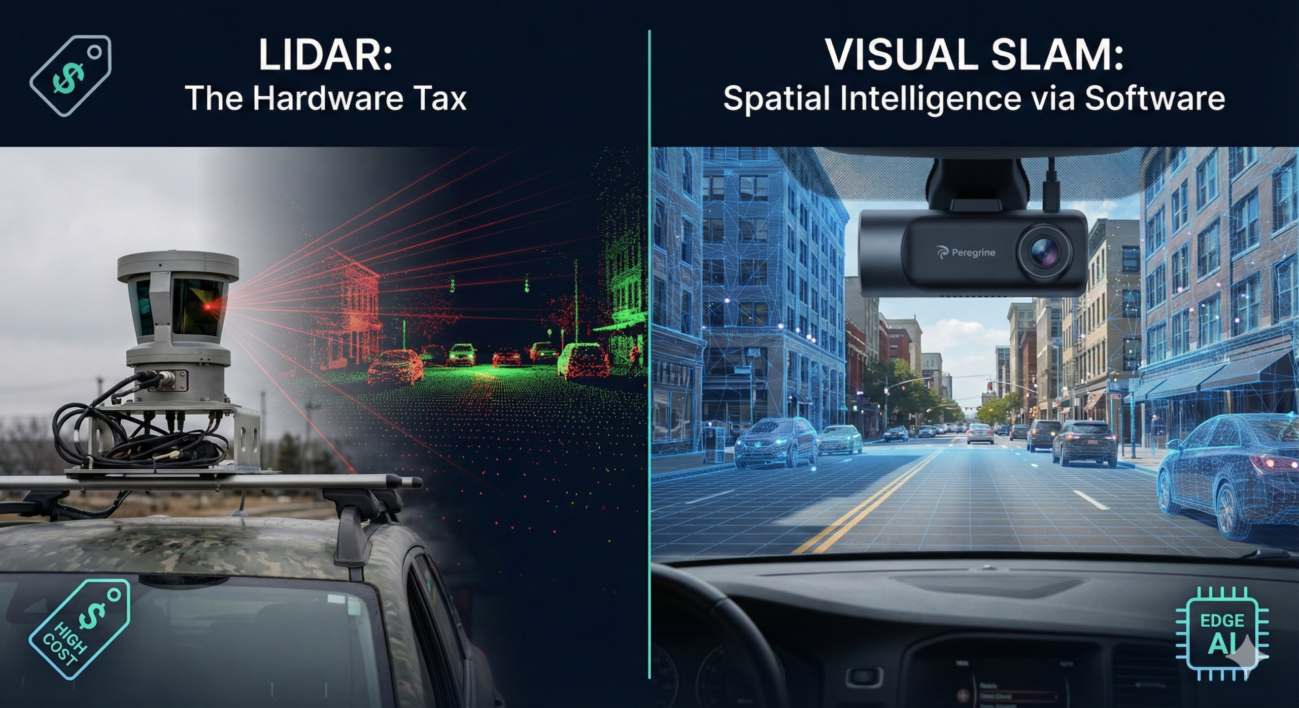 Comparison of expensive LiDAR hardware versus Peregrine Visual SLAM software on a standard camera. We are living through a pivotal moment in machine perception. For the last decade, the prevailing wisdom in autonomous driving and advanced robotics was simple: if you want a machine to truly understand the 3D world around it, you need LiDAR.