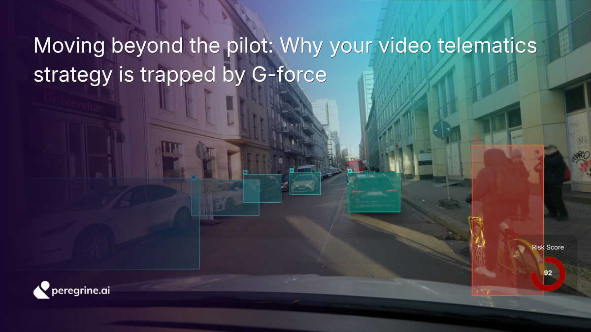 A dashcam view of a city street with complex Peregrine.ai technology overlays. Blue boxes detect multiple cars, and a distinct red box highlights a cyclist with a high 92% risk score circular overlay. Large text across the top discusses moving beyond the pilot in video telematics strategy and moving beyond G-force.