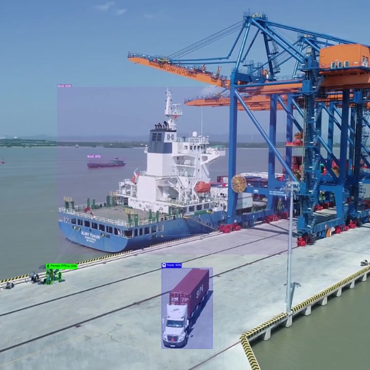 Aerial drone footage with live object detection overlays