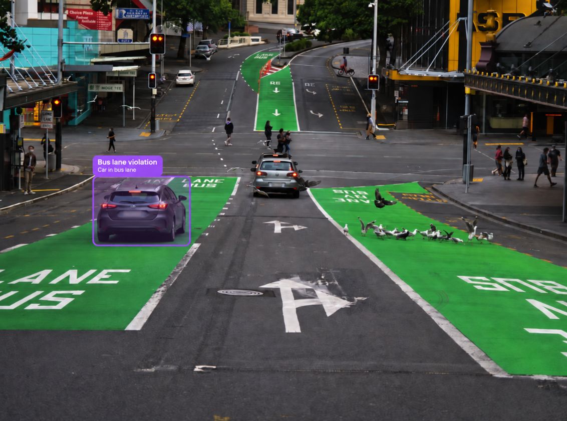 A car driving in a marked bus lane