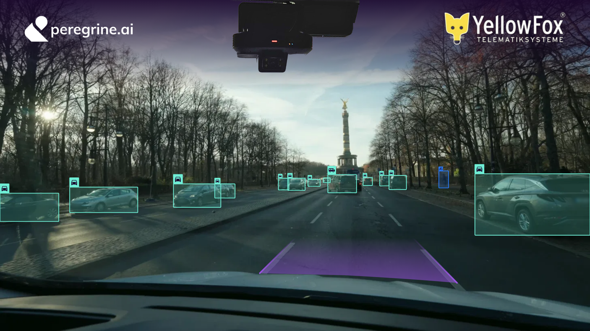 Driver’s view of a Berlin avenue with AI detection boxes on vehicles and a highlighted lane, with the Peregrine.ai and YellowFox logos